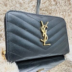 【美品】SAINT LAURENT サンローラン イヴ・サンローラン YSL 財布 コインケース ラウンドファスナー ジッピー 黒 ブラック キャビアスキン