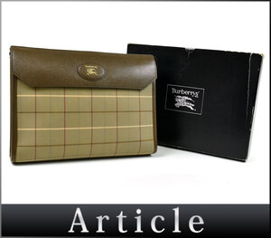 500318◆ BURBERRY バーバリー チェック柄 クラッチバッグ セカンドバッグ キャンバス レザー 革 カーキ ブラウン メンズ 箱/ B