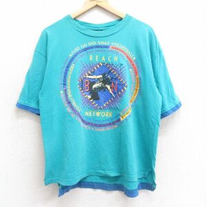 XL/古着 半袖 ビンテージ Tシャツ メンズ 90s ビーチバレー コットン クルーネック 青緑 24feb29 中古