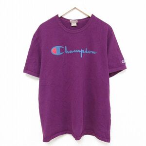 XL/古着 チャンピオン Champion 半袖 ブランド Tシャツ メンズ ビッグロゴ コットン クルーネック 紫 パープル 24apr13 中古