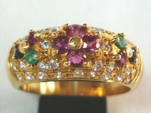 VI 豪華 指輪 K18 ルビー エメラルド マルチカラー 14号 可愛い 花柄 フラワー ゴールド レディース 女性用 人気 プレゼント 贈り物 レッド