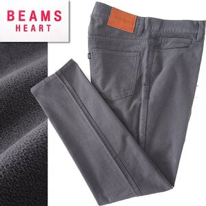 新品 ビームス 微起毛 ピーチスキン 5ポケット パンツ M 灰 【P23722】 BEAMS HEART 秋冬 メンズ テーパード 羊革 レザーパッチ