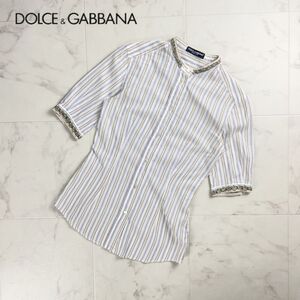 美品 DOLCE&GABBANA ドルチェ&ガッバーナ ビーズ刺繍 ストライプ バンドカラー半袖シャツ トップス レディース サイズ40*RC547