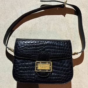 CELINE セリーヌ フラップ クロコダイル ロゴ金具 ゴールド金具 ビンテージ ショルダーバッグ レディース ブラック 黒色