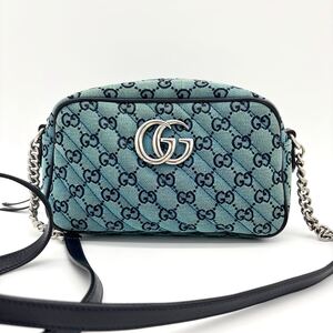 未使用級 現行ライン GUCCI グッチ GGマーモント ショルダーバッグ キルティング レザー キャンバス ブルー ネイビー 青 斜めがけ 