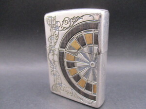 中古ライター14【ZIPPO】 ジッポ DARTS ダーツ インレイ加工　銀メッキ仕上げ　2019年製