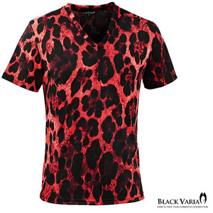 183704-re BlackVaria Tシャツ Vネック ヒョウ柄 豹 レオパード ストレッチ 半袖 mens メンズ(レッド赤ブラック黒) XL 総柄 細身