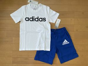 新品★送料込み!!★adidasアディダス★130★快適!!半袖Ｔシャツ(ホワイト 白)・パフプリントロゴ!スウェットパンツ(ブルー 青)★上下★即決