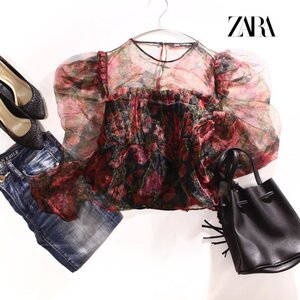 美品 ZARA ザラ 春 夏 フラワー プリント 艶 透け オーガンジーカットソー ブラウス M ブラック 黒 レッド 赤 デザイン