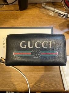 美品 GUCCI ヴィンテージ ロゴ プリント ラウンドファスナー ジップ ウォレット 長財布 グッチ クラシック オールド デカ ZIP 黒 ブラック