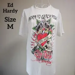 【人気☆Ed Hardy】白　バラ柄　ドクロプリントTシャツ サイズM