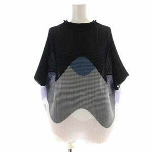 イッセイミヤケ ISSEY MIYAKE カットソー ハイネック 変形 総柄 五分袖 2 M 紺 ネイビー 紫 パープル IM62FJ600 /YI4 レディース