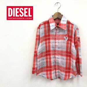 1S63-K◆良品 DIESEL ディーゼル 7分袖シャツ◆sizeM 赤 チェック柄 薄手 綿100% カジュアル 細身 肌触りよく着心地抜群 メンズ