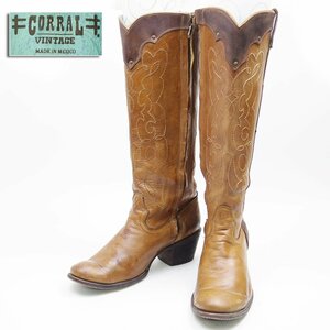 メキシコ製　9M表記　24cm相当　CORRAL BOOTS　ウエスタンブーツ　レザーシューズ　革靴　70s　70年代　ブラウン　ペスコブーツ　/U7439