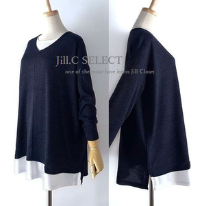 新品*NAVY【送料185円】伸縮◎1枚で完成する レイヤード風*簡単スタイリング*ドロップショルダー*プルオーバー*チュニック4134