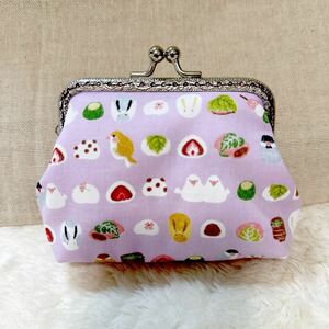 ハンドメイド☆がま口☆ふんわり文鳥と和菓子（薄紫）☆財布☆小銭入れ☆小物入れ〜がま口ポーチ がま口財布リップ入れ 〜コインケース 