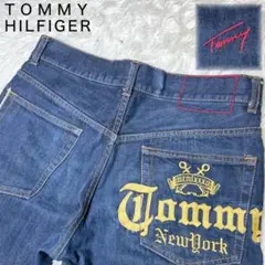 極美品✨　トミー　TOMMY デニムパンツ　刺繍ロゴ　ロゴボタン　ブルー　青　M