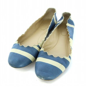 クロエ CHLOE Scalloped Ballet Flat パンプス フラットシューズ ボーダー 37 24cm 青 ブルー 白 アイボリー CH22170 /TK ●D レディース