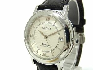 1円 ■稼働品■ GUCCI グッチ 7400 SS×レザー 自動巻き 3気圧防水 腕時計 ウォッチ ホワイト系×シルバー系 BF8190