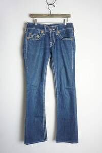 美品 TRUE RELIGION トゥルー レリジョン BOBBY BIG T フレア デニム パンツ ジーパン Y2K 001824 紺 白 ステッチ 1030O