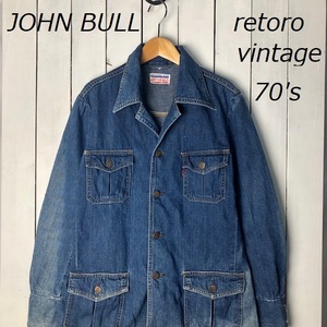 国産レトロ古着 70s JOHN BULL デニム サファリジャケット カバーオール S～M オールド ヴィンテージ　デニムジャケット ジャンブル ●36