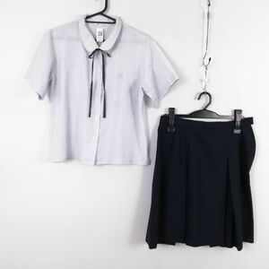 1円 ブラウス スカート 紐タイ 上下3点セット 大きいサイズ 夏物 女子 学生服 中学 高校 白 制服 中古 ランク:C NA3875