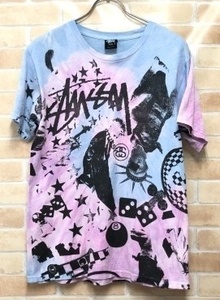 STUSSY ステューシー Tシャツ メキシコ製 タイダイ染め グラフィック ピンク×ライトブルー S 111390663＃2