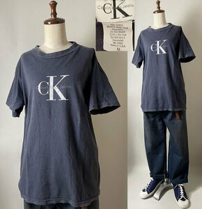 【希少 90s位 USA製】ビンテージ Calvin Klein Jeans カルバンクライン ジーンズ CK ロゴ プリント 半袖 Tシャツ サイズ M ネイビー 古着