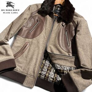 極美品/L●BURBERRY BLACK LABEL バーバリーブラックレーベル ラムレザー 羊革 ライダース ジャケット ブルゾン ラビットファー ブラウン