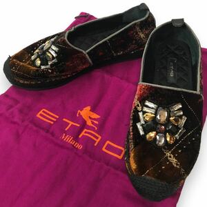 p107 ETRO エトロ ベロア ビジュー スリッポン エスパドリーユ スニーカー シューズ ストーン ローファー 38 スペイン製 正規品 レディース