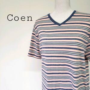 Coen ボーダー柄 刺繍 Vネック ビッグシルエット パステルカラーTシャツ　コーエン　XL ゆったりカットソー