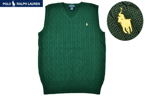 Y-7370★超美品★POLO RALPH LAUREN ポロ ラルフローレン★正規品 グリーン ポニーロゴ刺繍 コットンニット ベスト XL 18-20 170cm S相当