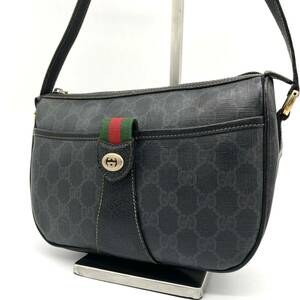 極美品 GUCCI グッチ ショルダーバッグ ポシェット GGスプリーム PVC シェリーライン オールドグッチ インターロッキング ブラック 黒