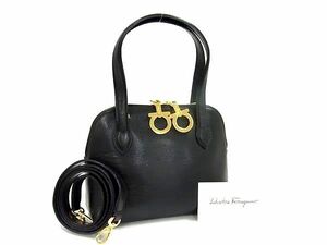 1円 ■極美品■ Salvatore Ferragamo フェラガモ AN 21 6661 ガンチーニ レザー 2WAY ハンドバッグ ショルダーバッグ ブラック系 FC9352