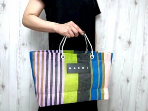 極美品 MARNI マルニ フラワーカフェ ストライプ トートバッグ ハンドバッグ バッグ メッシュ×レザー マルチカラー A4収納可 71972