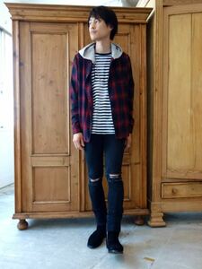 JONIO着 John UNDERCOVER アンダーカバー 16AW 裏毛 フード オンブレ チェックシャツ 長袖シャツ パーカー JUR4403 2