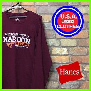 ME11-989★US古着★【バージニア工科大学】Hanes カレッジロンT ワインレッド【メンズ L】アメフト 長袖Tシャツ ビンテージ 海外流通品