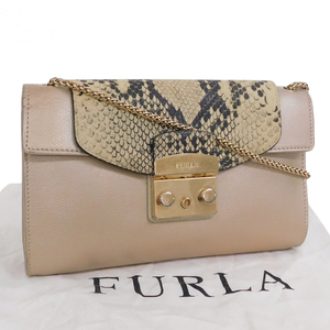 1円 ■ 美品 フルラ ショルダーバッグ 247432 ベージュ系 レザー パイソン柄 レディース FURLA ■E.Bmi.An-05