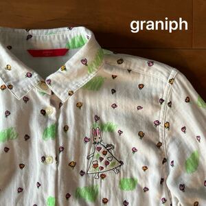 ☆美品☆希少☆グラニフ graniph わたしのワンピース うさぎ ダブルガーゼ生地 シャツワンピース ロングシャツ 羽織 レディースF