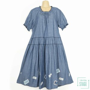 【美品】ピンクハウス★デニム素材が大人可愛いワンピース ワッペンいっぱい♪ギャザー―たっぷり♪ピコレーース&リボン♪ブルー系 z10389