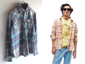 名作 TMT 2014AW L/SL PREMIUM CHECK SHIRT ビンテージ加工 ロゴ刺繍 ウエスタンシャツ ネルシャツ プレミアムチェックシャツ S ブルー 青