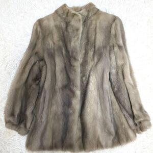 【美品】希少 サファイア ミンク MINK 本毛皮 リアルファー L相当 ハーフコート 着丈72cm シルバー レディース ゴージャス 人気モデル