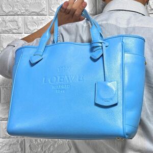 入手困難/希少カラー◎ ロエベ LOEWE メンズ A4収納 トートバッグ ヘリテージ ビジネス ロゴ型押し クロシェット レザー 本革 スカイブルー