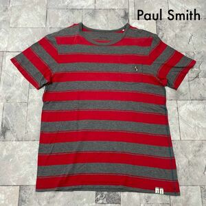Paul Smith ポールスミス ボーダーTシャツ T-shirt TEE 半袖 胸ポケット 刺繍ロゴ グレー レッド サイズL 玉SS1826