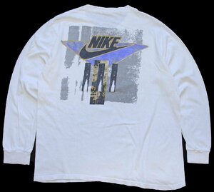 ★90s USA製 NIKEナイキ アート 両面プリント コットン 長袖Tシャツ 白 L★オールド ビンテージ カットソー スウッシュ ホワイト 銀タグ