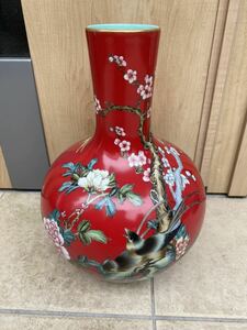 中国美術 大清 乾隆款花烏天球瓶 高さ 32cmx34cm唐物古古董品 花瓶希少