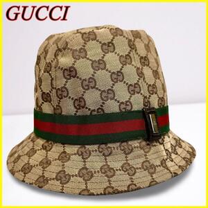 1円【極美品】GUCCI グッチ バケットハット 帽子 GG柄 マルチカラー GGキャンバス × シェリーライン レザー M メンズ レディース 男女兼用