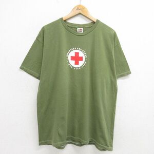 XL/古着 フルーツオブザルーム 半袖 ビンテージ Tシャツ メンズ 00s 赤十字 レッド 大きいサイズ コットン クルーネック 緑系 グリーン