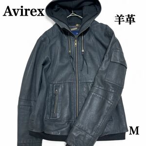 【希少】Avirex アヴィレックス ラムレザー 羊革 シングルライダース フーディ ブラック 黒 レア 入手困難 美品 M