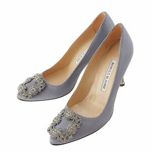 【マノロブラニク】Manolo Blahnik　ハンギシ サテン ビジューバックル パンプス ヒール ブルーグレー 34 1/2 【中古】211371